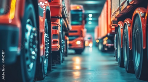 Wallpaper Mural A row of trucks in a warehouse, emphasizing their size and industrial purpose. Torontodigital.ca