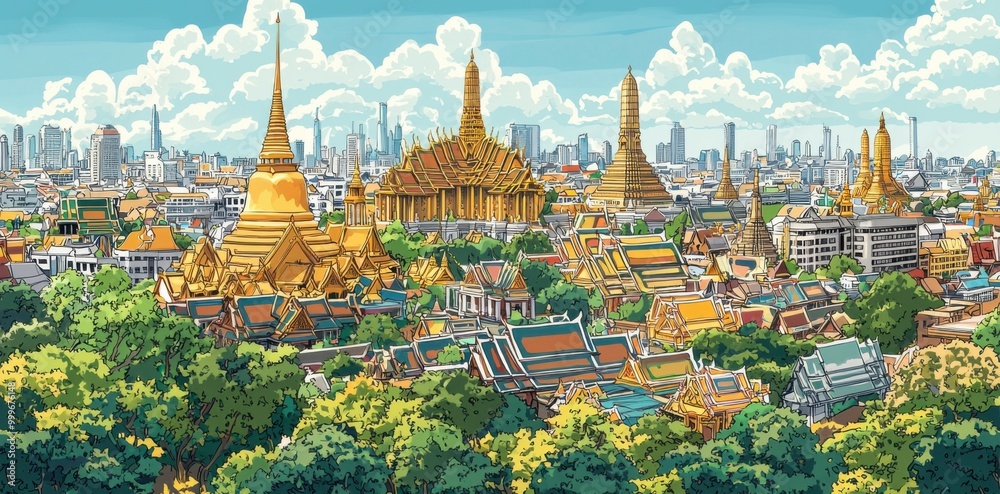 Naklejka premium An Art Deco cityscape of Bangkok featuring the iconic Wat Arun temple, the Grand Palace, and the vibrant skyline along the Chao Phraya River.