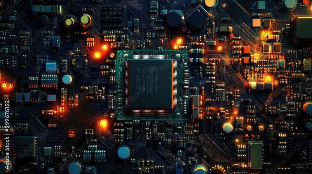 A circuit board featuring a CPU chip, surrounded by transistors, capacitors, and resistors. A circuit board featuring a CPU chip, surrounded by transistors, capacitors, and resistors.