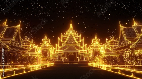 A traditional Thai palace illuminated with neon line art in bright gold tones.