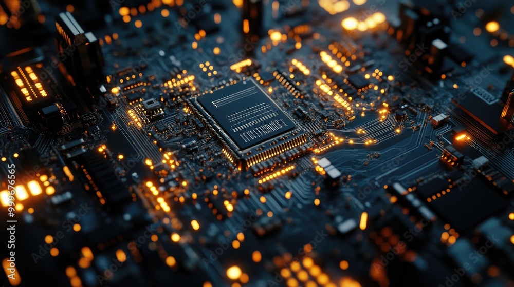 A close-up of a CPU circuit board with intricate details of the processor and its connections. A close-up of a CPU circuit board with intricate details of the processor and its connections.