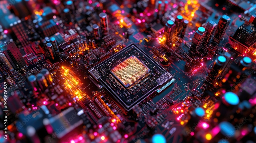 Obraz premium A close-up of a CPU socket surrounded by transistors, resistors, and capacitors on a circuit board.