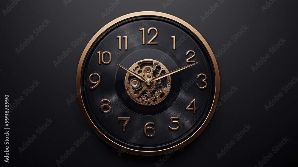 Modern Steampunk Clock with Exposed Gears on Dark Background Modern Steampunk Clock with Exposed Gears on Dark Background