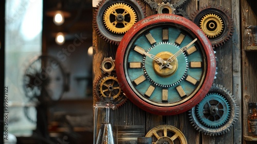 Steampunk Vintage Gear Clock in Industrial Interior with Retro Decor and Mechanical Design photo