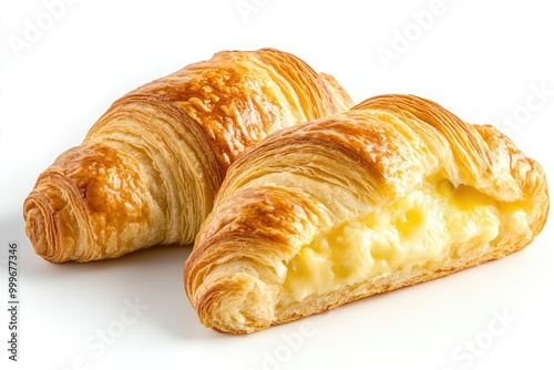 Cheese croissant isolated in white background with clipping path, no shadow, homemade dessert - generative ai