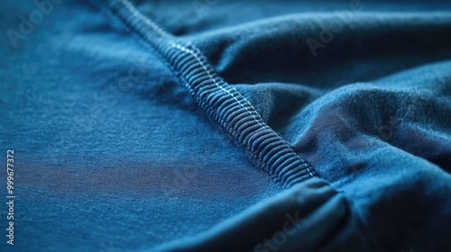 Foto A close-up of the sleeve and hem of a blue T-shirt, highlighting the stitching details
