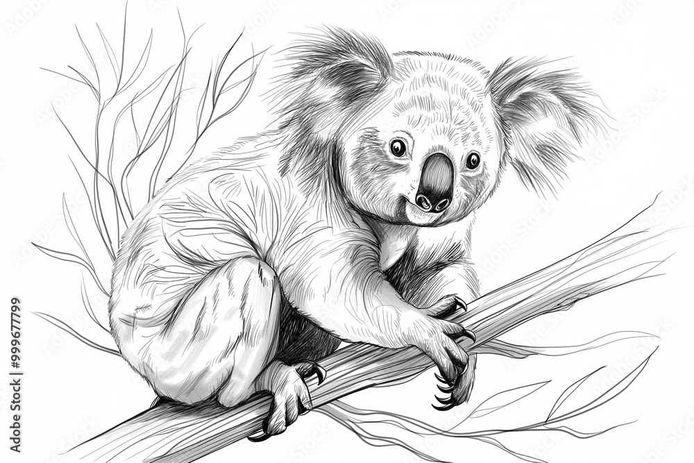 A detailed black and white illustration of a koala sitting on a tree ...