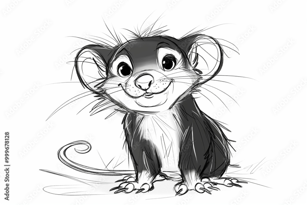 A cute black and white sketch of a smiling mouse with a playful expression, sitting adorably. Ideal for children's content, animal-themed designs, or any projects featuring small animals