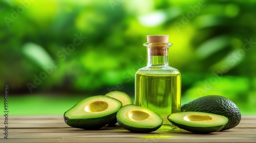 Traditional bottle of avocado oil with cut avocados on a wooden tabletop.