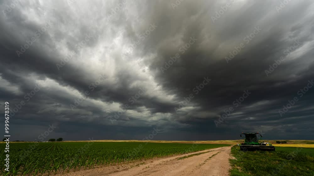  Dusty road leading through farm land with storm clouds moving overhead