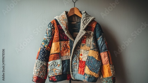 Vintage Patchwork Jacket Hanging on Wooden Hanger in Stylish Interior Setting