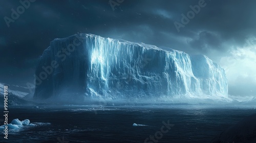 A dramatic shot of an iceberg in the distance with a snowstorm approaching from the horizon.