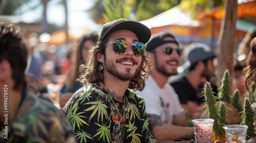 Cannabis culture celebration: a lively outdoor festival with people enjoying cannabis in a joyful.