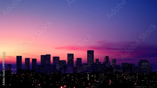 A city skyline at sunset, showcasing buildings against a colorful twilight sky.