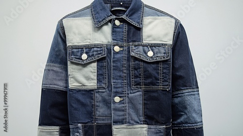 Blue and Gray Patchwork Denim Jacket with Buttons on White Background. Fashionable Outerwear