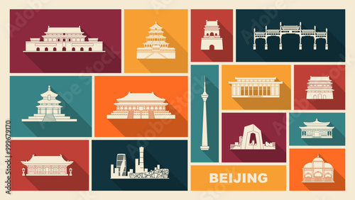 China Beijing Landmark Icons. Vector Illustration