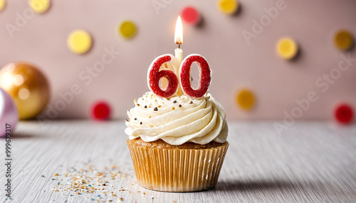 Birthday cupcake with burning lit candle with number 60. Number sixty for sixty years or sixtieth anniversary. photo