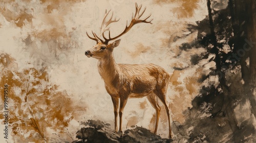 Fototapeta Naklejka Na Ścianę i Meble -  Watercolor painting of a deer standing in a forest.