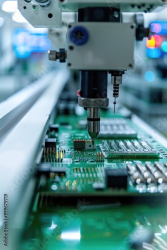 A close-up view of a machine working on a circuit board, suitable for technology and manufacturing concepts