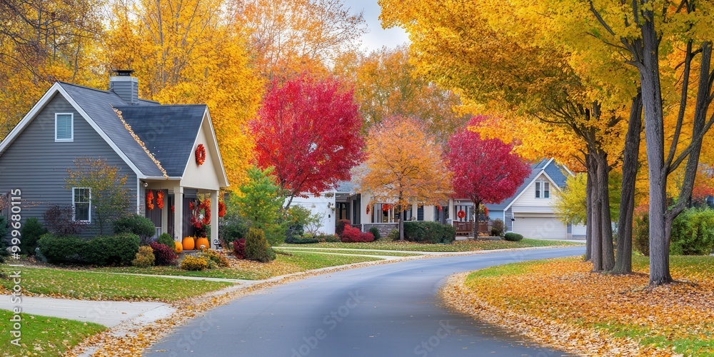 Obraz premium A serene autumn neighborhood with colorful trees and cozy homes lining the street.
