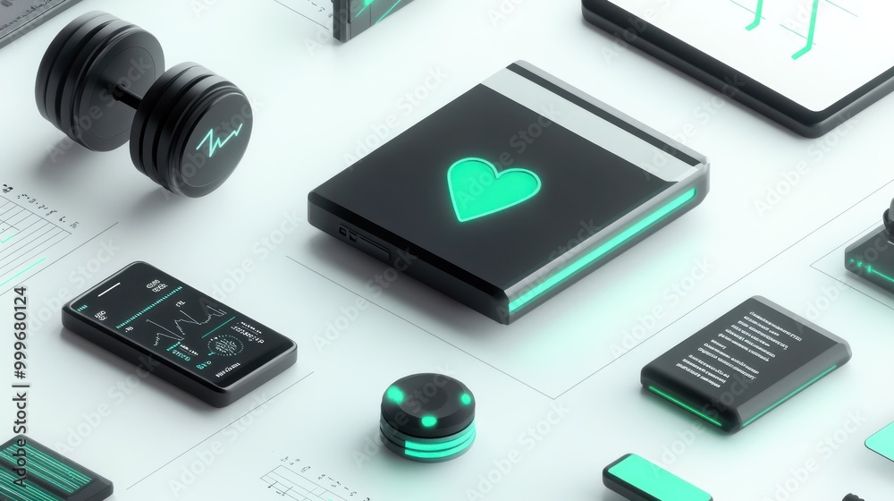 A collection of health and fitness gadgets, including a heart monitor and smart devices.