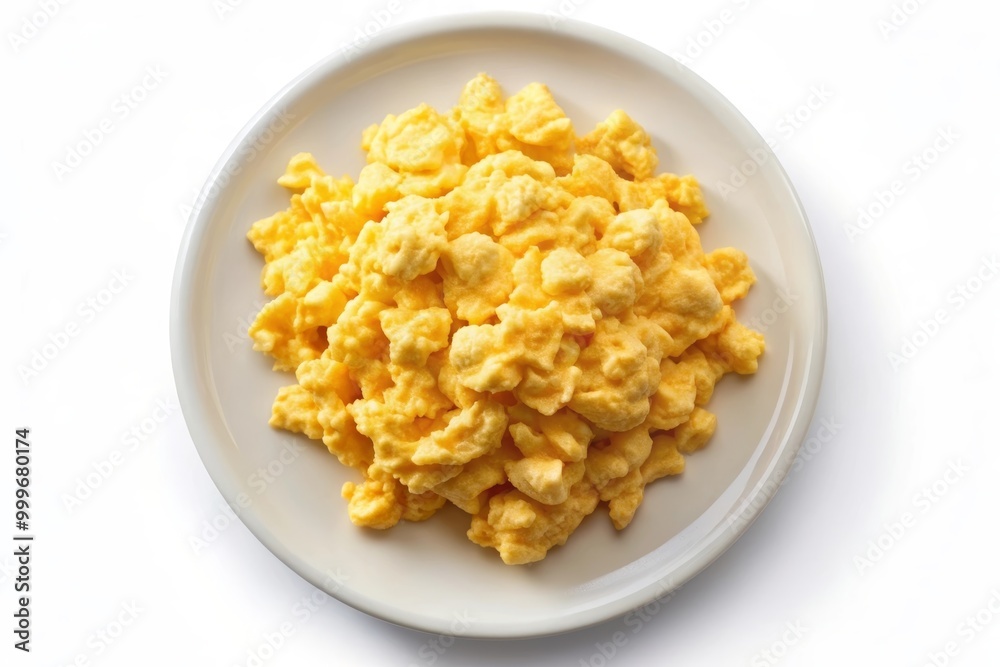 Portion of scrambled eggs on a light plate, top view Portion of scrambled eggs on a light plate, top view