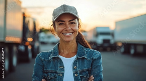 A truck driver woman standing and smiling.