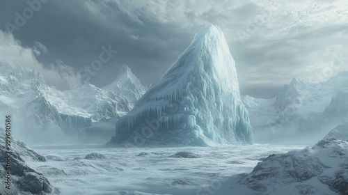 A frozen landscape with a massive iceberg as the focal point against a backdrop of snow-covered mountains.