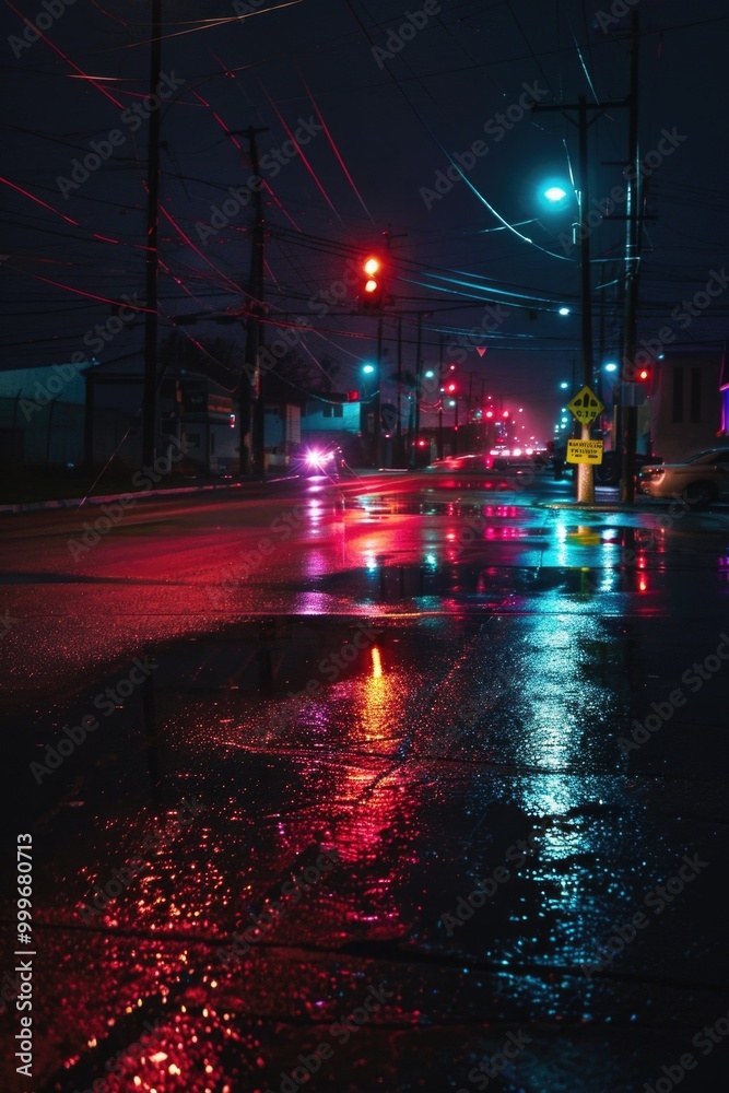 Fototapeta premium A nighttime scene of a wet street lit by red and green neon lights