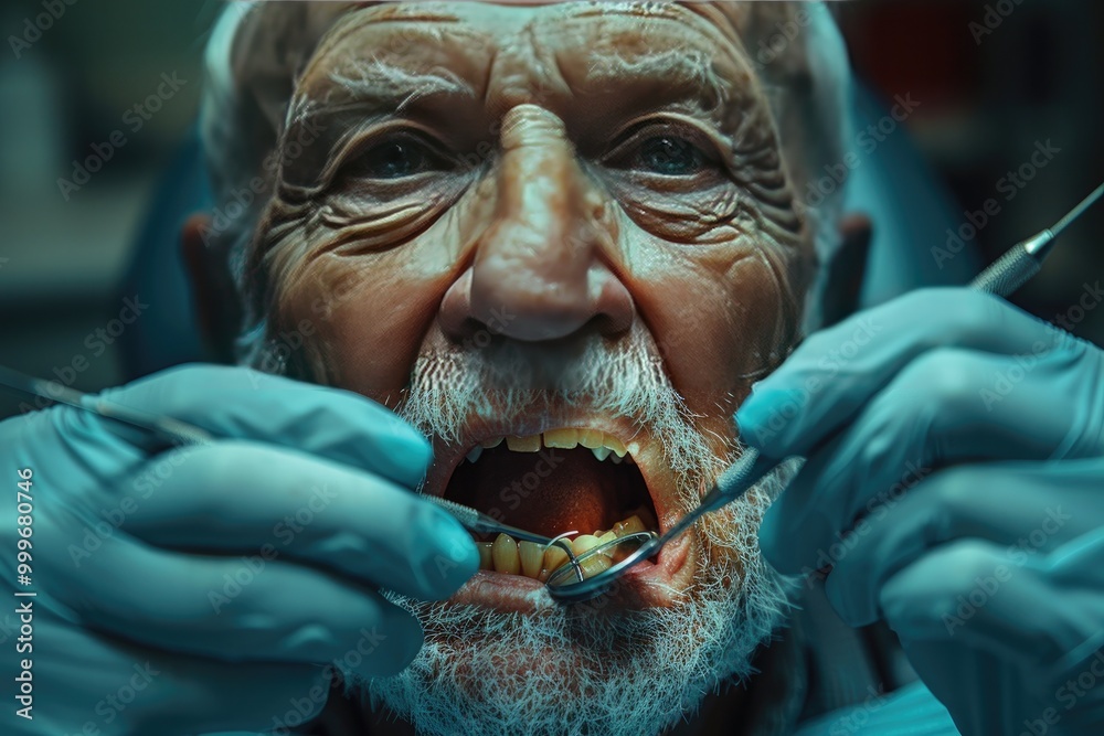senior and dentist in a dental chair, with the dentist explaining a procedure senior and dentist in a dental chair, with the dentist explaining a procedure