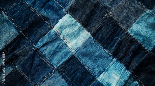 Close-up of Denim Patchwork Quilt with Various Shades of Blue