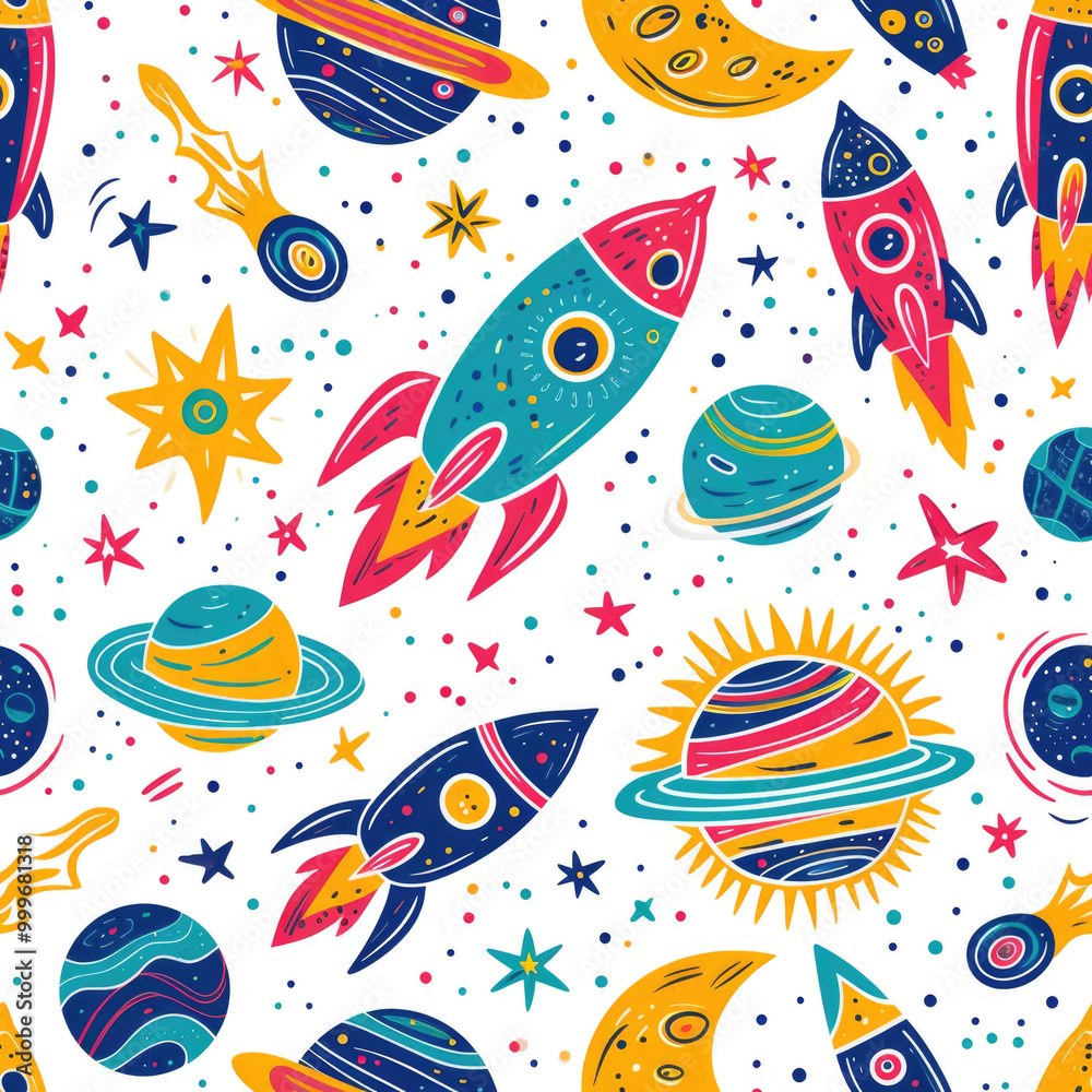 Seamless pattern, Colorful Space-Themed Seamless Pattern with Rockets, Planets, Stars, and Moons in a Whimsical Cartoon Style Seamless pattern, Colorful Space-Themed Seamless Pattern with Rockets, Planets, Stars, and Moons in a Whimsical Cartoon Style