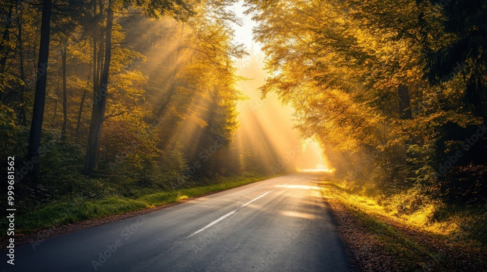A serene road through a forest, illuminated by golden sunlight filtering through trees. A serene road through a forest, illuminated by golden sunlight filtering through trees.