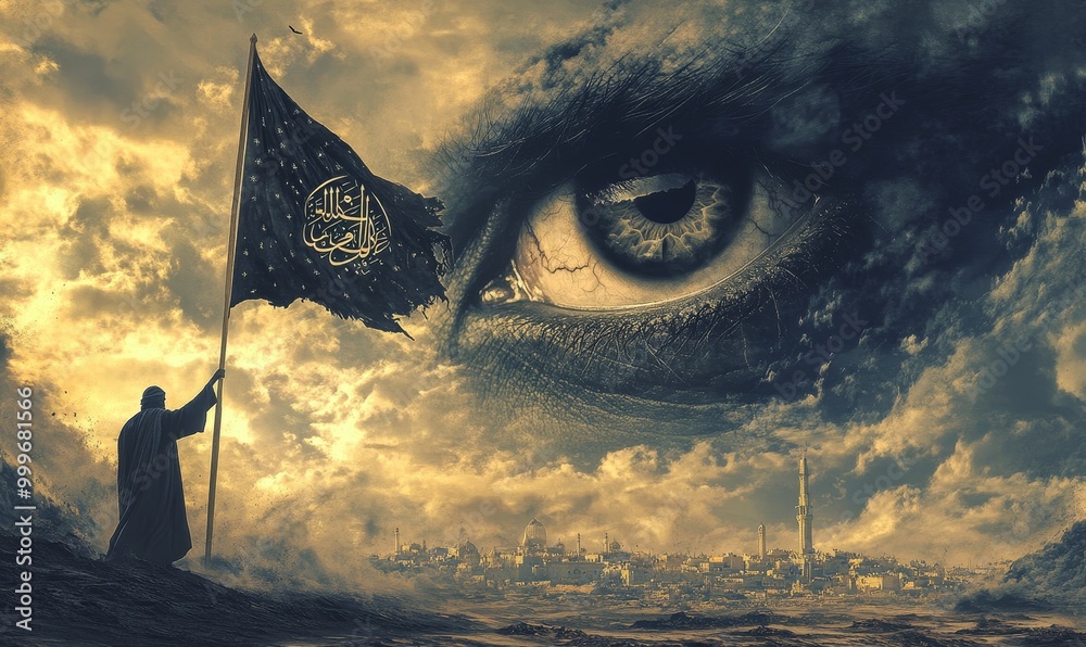 Naklejka premium A man raises a flag with Arabic writing against a
