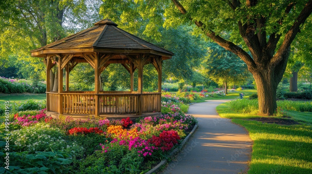 A serene gazebo surrounded by vibrant flowers and a winding path in a lush garden. A serene gazebo surrounded by vibrant flowers and a winding path in a lush garden.