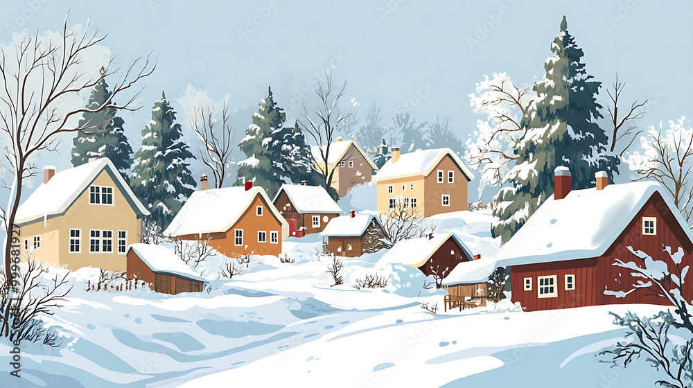Fototapeta premium Cozy winter village scene with snow-covered houses and trees.