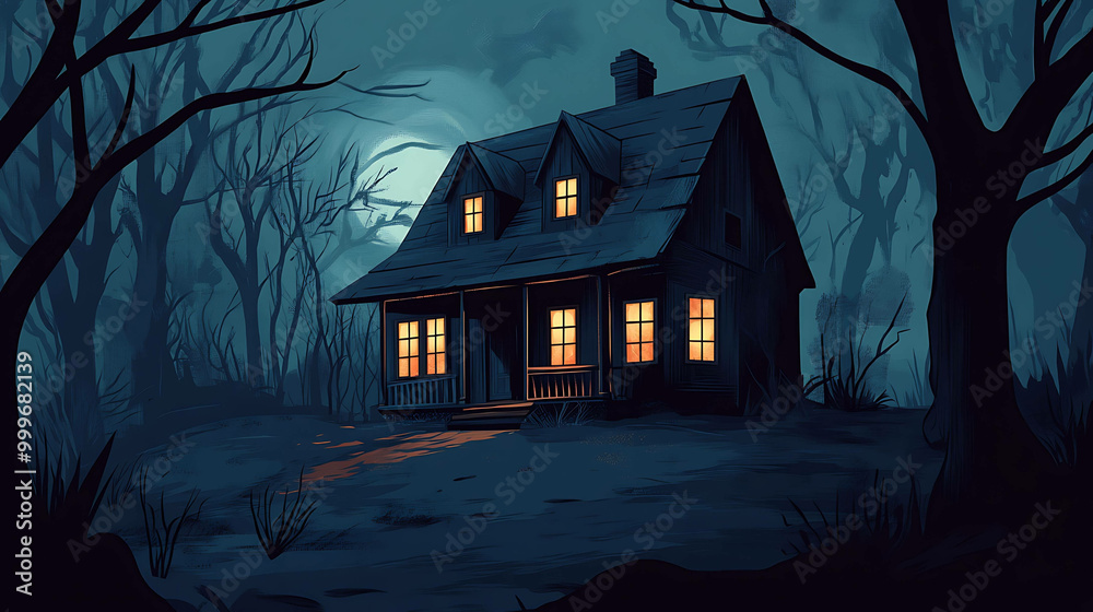 A spooky house with lit windows stands in the darkness of a forest at night, illuminated by the full moon. A spooky house with lit windows stands in the darkness of a forest at night, illuminated by the full moon.