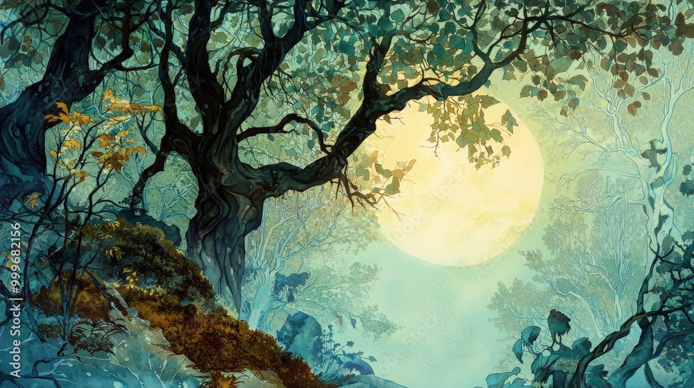 A moonlit forest glows with mystery and enchantment in the quiet of night A moonlit forest glows with mystery and enchantment in the quiet of night