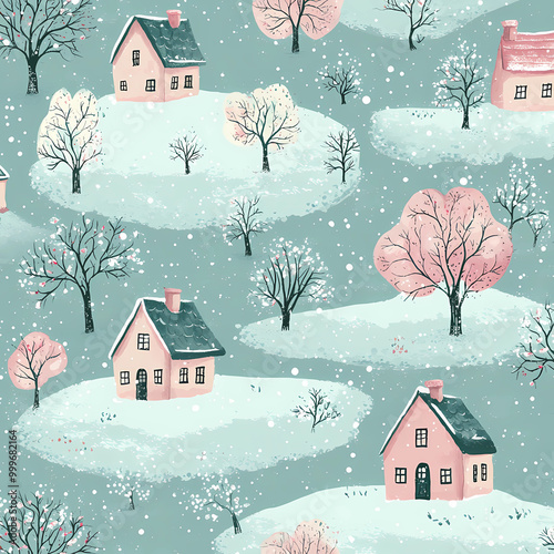 Seamless pattern with cute winter houses and trees, in pastel colors, vector illustration. 