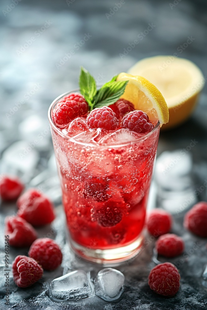 A glass of raspberry lemonade with fresh raspberries A glass of raspberry lemonade with fresh raspberries