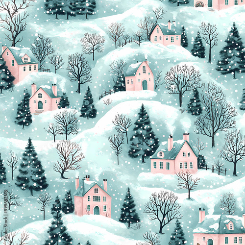 Seamless pattern with cute winter houses and trees, in pastel colors, vector illustration. 