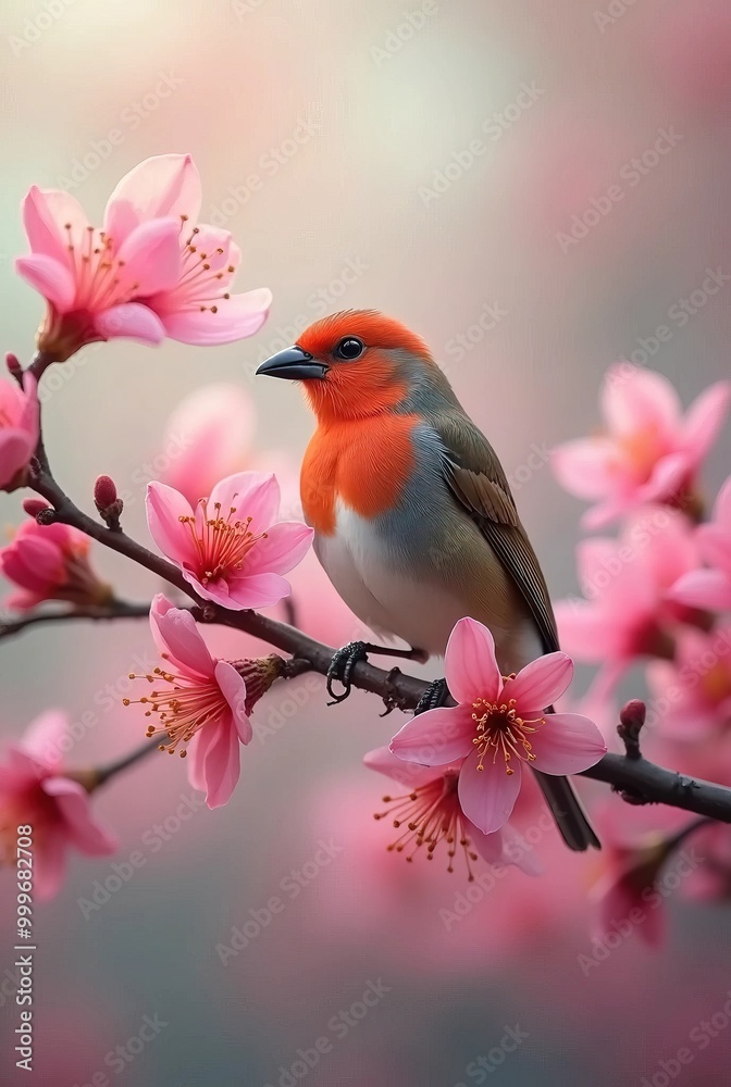 Birds stand in branch of pink bloom, spring theme, vertical composition Birds stand in branch of pink bloom, spring theme, vertical composition