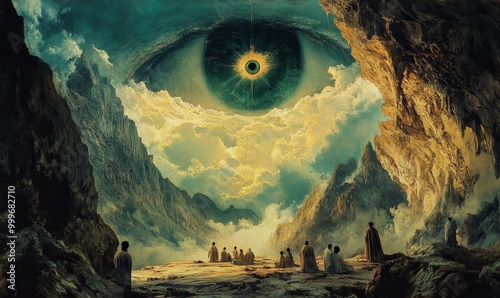 Giant eye over mountainous landscape with figures.