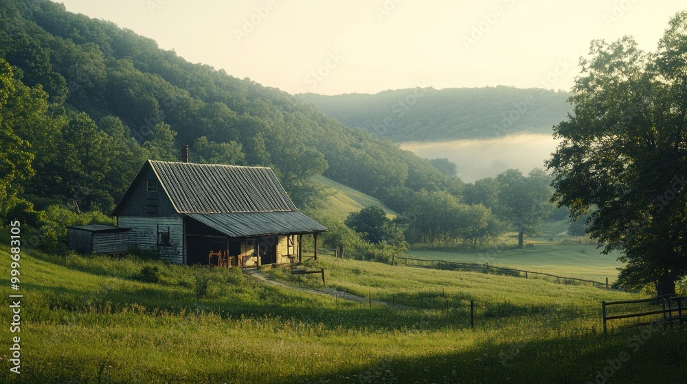 Obraz premium A serene rural landscape featuring a rustic house amidst rolling hills and morning mist.