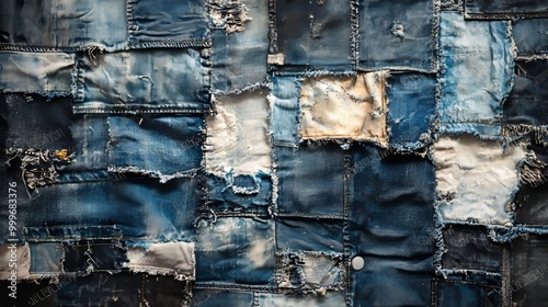 Vintage Denim Fabric Patchwork Background Texture with Frayed Edges