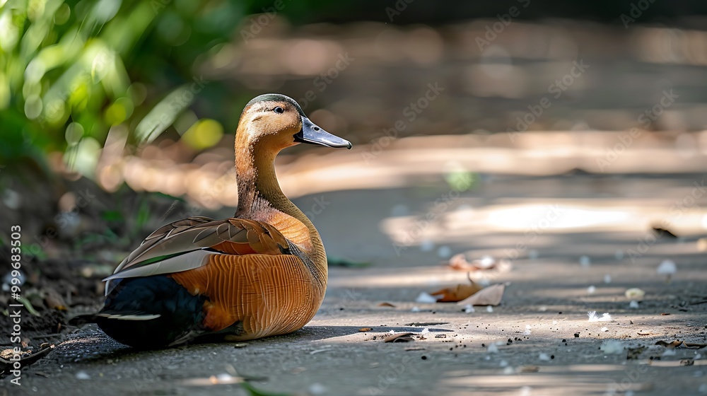Fototapeta premium Whistling duck with a black belly resting on the sidewalk
