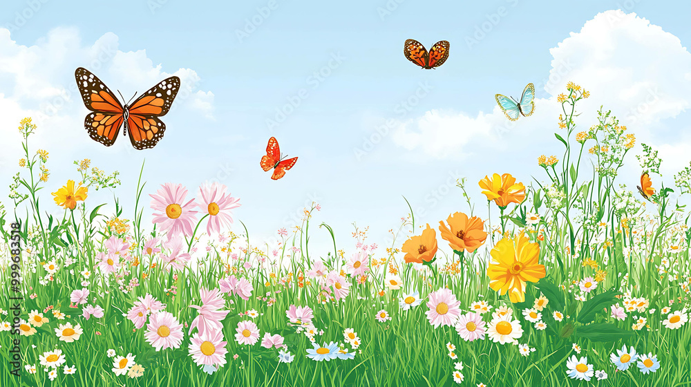 A field of flowers with butterflies in the sky. A field of flowers with butterflies in the sky.