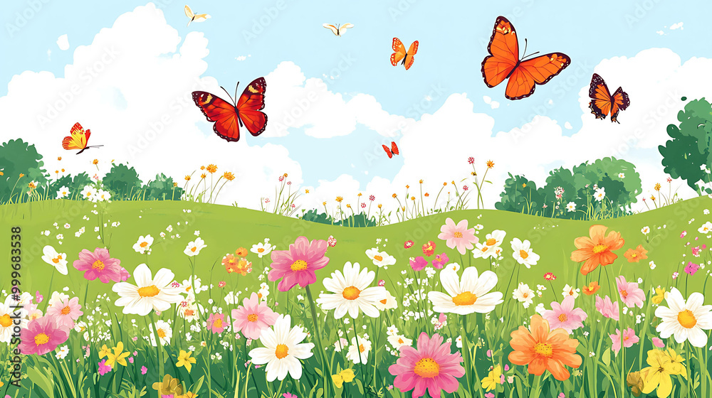 A beautiful meadow with colorful butterflies flying over a field of wildflowers.