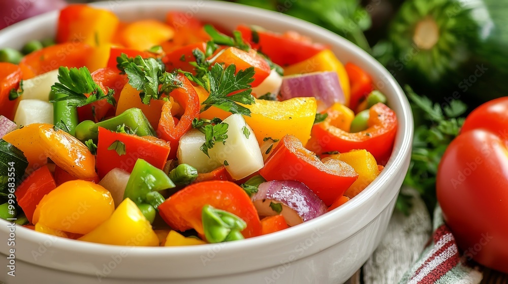 Fresh Colorful Vegetable Salad in a White Bowl with Peppers, Onions, and Greens Fresh Colorful Vegetable Salad in a White Bowl with Peppers, Onions, and Greens
