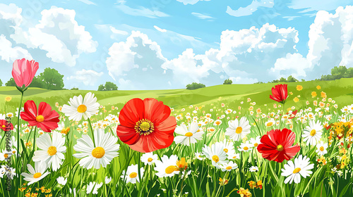 A field of colorful wildflowers with red poppies and white daisies under a blue summer sky.